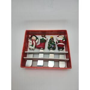 Set of 4 Handpainted Holiday Spreaders Snowman Santa Tree Stocking Christmas